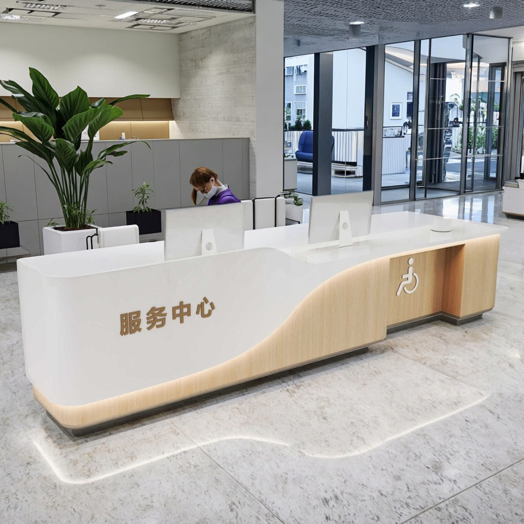 Modern Durable Metal Panel Reception Desk LED Light White Eco-Friendly for Mall Supermarket Office Building Commercial Use