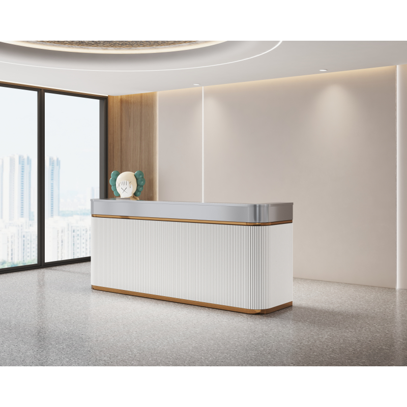 Modern High-end Company Reception Desk Curved Corner with LED Light Wood Customizable Design for Office Hotel Restaurant