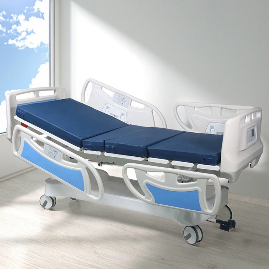 Adjustable Modern Foldable Metal Hospital Medical Bed with 4 Motors Infusion & PP Guardrails for ICU Gym School & Hotel Use