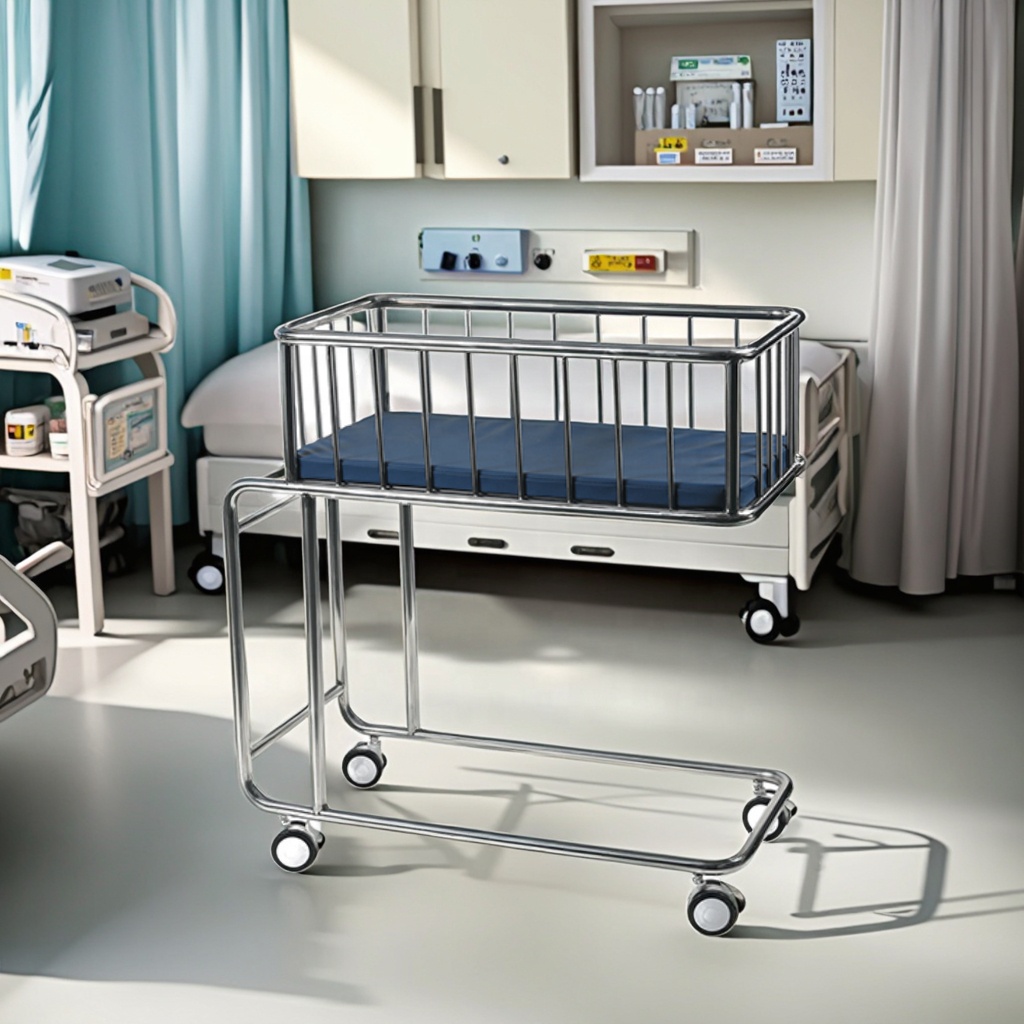 SUS304 Stainless Steel Medical Baby Crib Soft Leatherette Foldable Adjustable Durable Hospital Furniture Commercial School Use