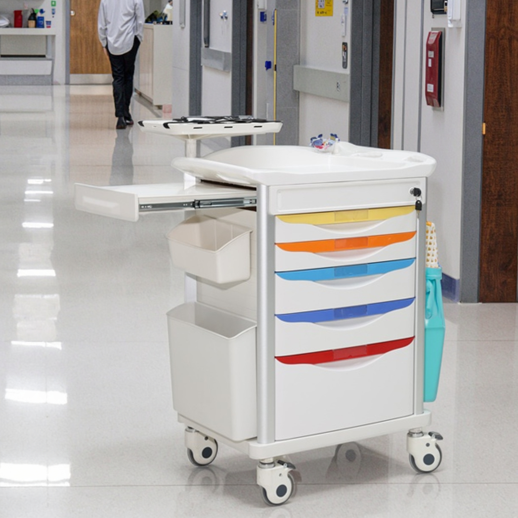 Urban Modern EMS Trolley Tri-Stand IV Pole Dual 2L Sharps Containers Color-Coded Waste System High-Density ABS Hospital School