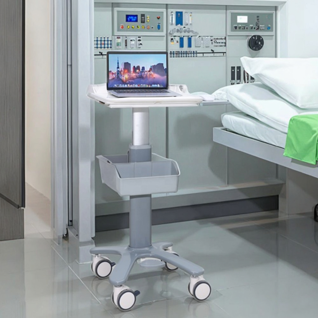 Foot-Operated Modern ABS Height-Adjustable Laptop Cart Retractable Mouse Platform 4 Castors Individual Lock for Hospital Hotel