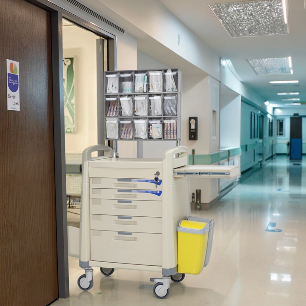 Modern ABS Surgical Anesthesia Tower with Triple-Row Transparent Pharma Trays Convenient 4-Castor Design for Hospital Hotel Use