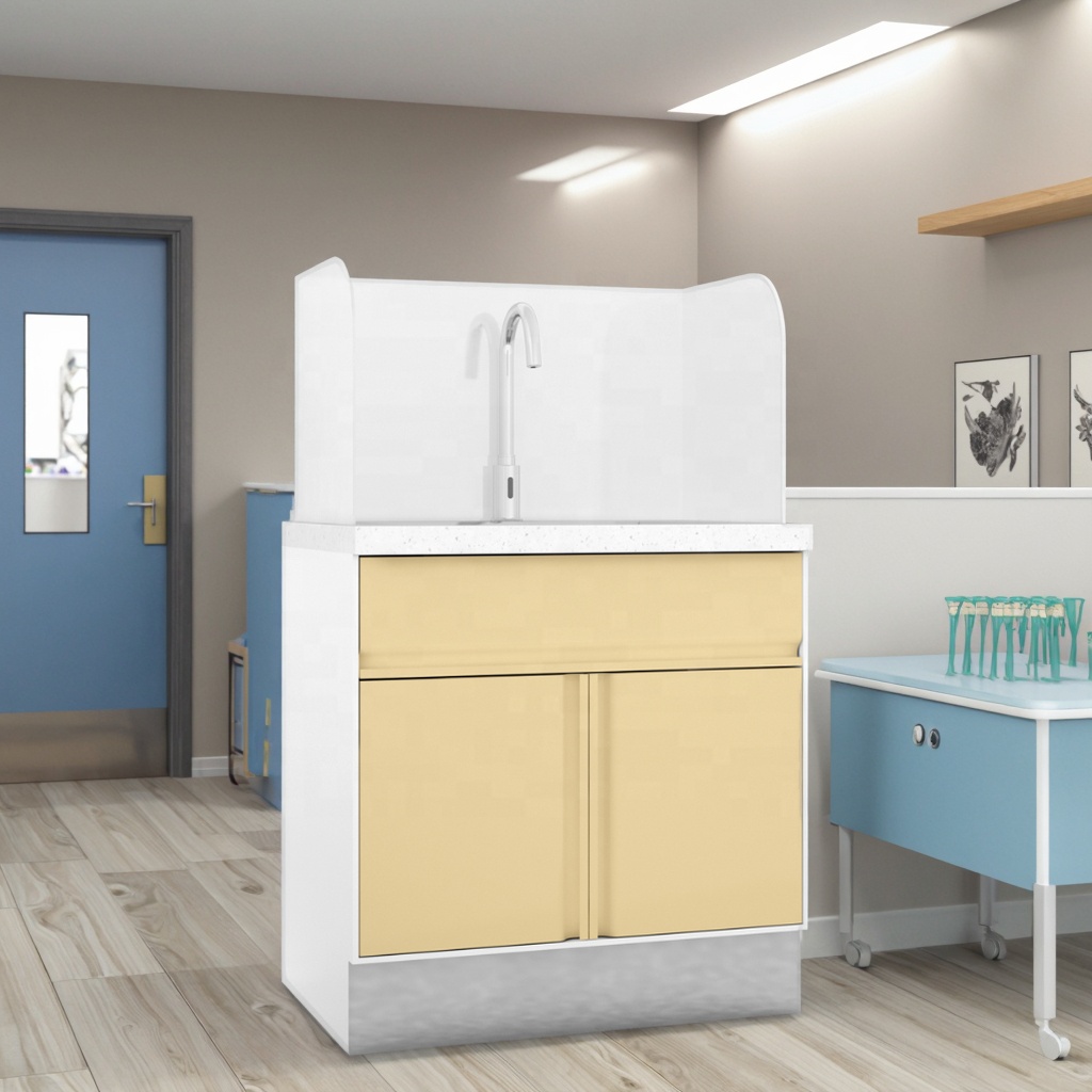 Modern Stainless Steel Hospital Splash Zone Utility Cabinet 800mm Slope Drain Anti-Microbial Surface Clinic Hand Hygiene Station