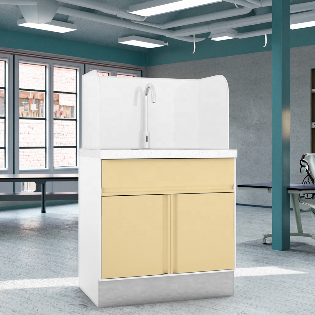 Modern Clinical Stainless Steel Handwash Station Cabinet 790mm Integrated Drainboard Splash Guard Hospital Use Eco-Friendly No