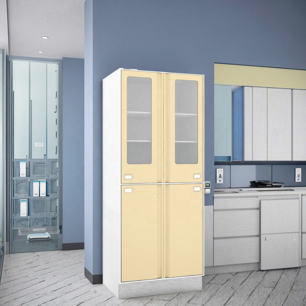 Hospital Supply Tower Cabinet System Stainless Steel Medical Instruments Medications Featuring Locking Glass Doors Pharmacy