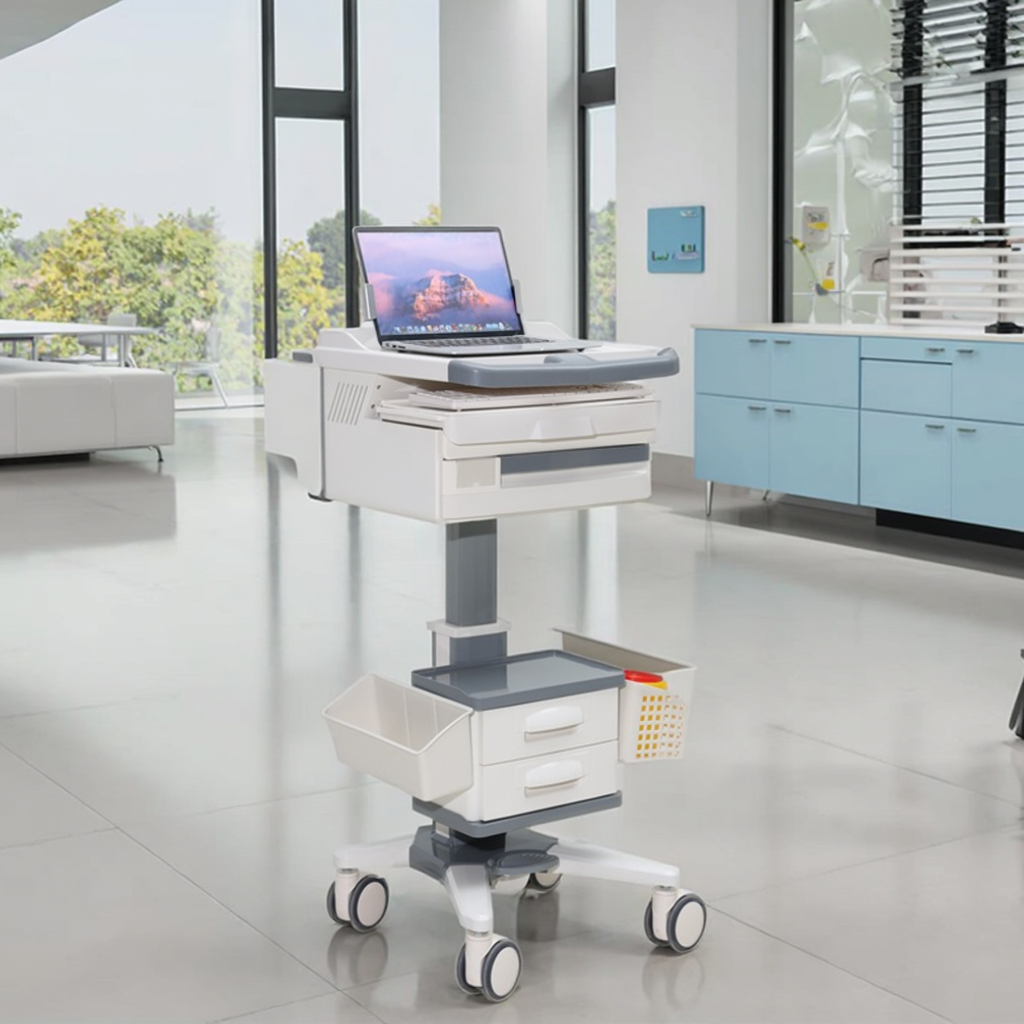 ABS Aluminum Hospital Medical Trolley Cart Pull-Out Mouse Platform Secure Laptop Mount Lockable Drawers CE ISO Hotel Hospital