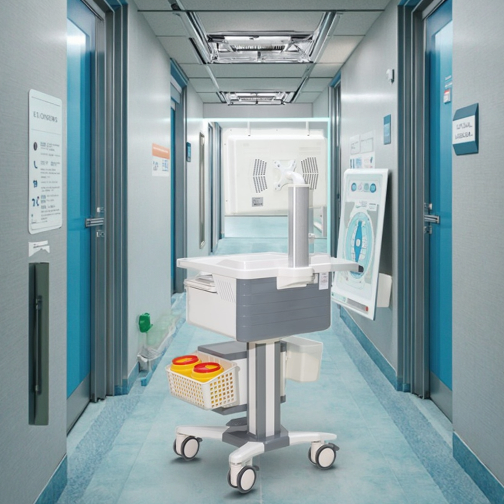 Robust ABS Hospital Hotel Use All-in-One Doctor Cart Tilt Display Mount Removable Side Baskets Brake Wheels CE ISO Certified