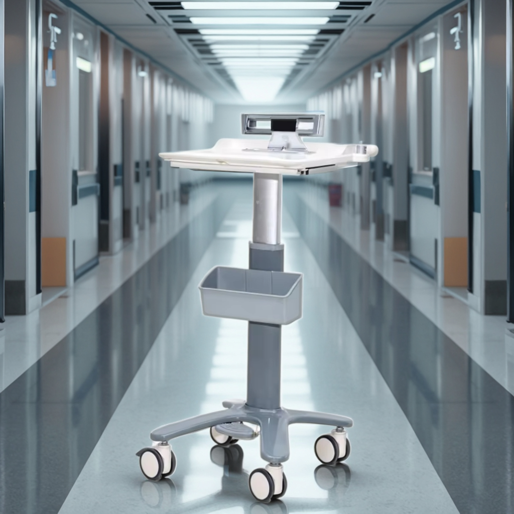 Lightweight Aluminum Modern Medical Laptop Cart with Foot Pedal Adjustment Mouse Platform ABS Storage Box for Hospital Hotel Use