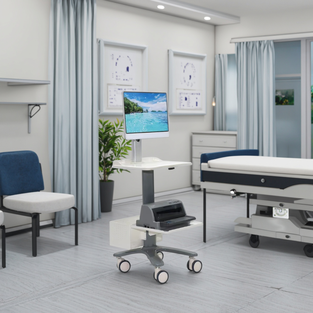 Hospital Medical Tester Cart ABS 36" Rotatable Monitor Arm Custom Printer Tray Ergonomic Design Hotel Dining Use