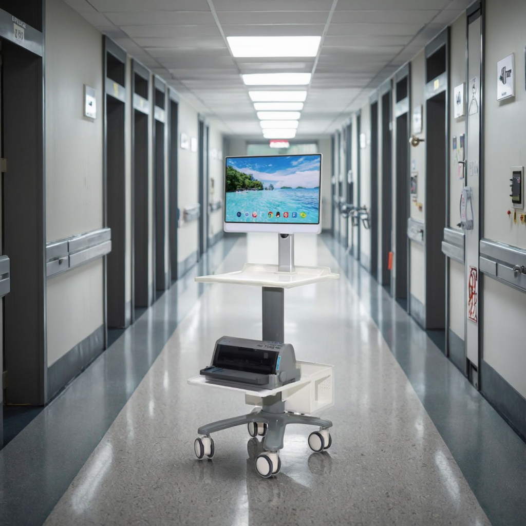 Mobile Medical Service Trolley ABS Hospital Use CE ISO Certified Modern Design Detachable Display Bracket Printer Host Shelf