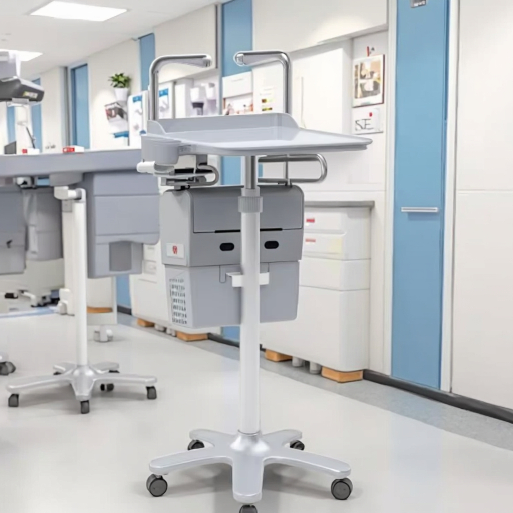 Compact Hospital Office Laptop Workstation Cart ABS Material Space-Saving Design Recessed Mouse Area Stabilizing Aluminum Base