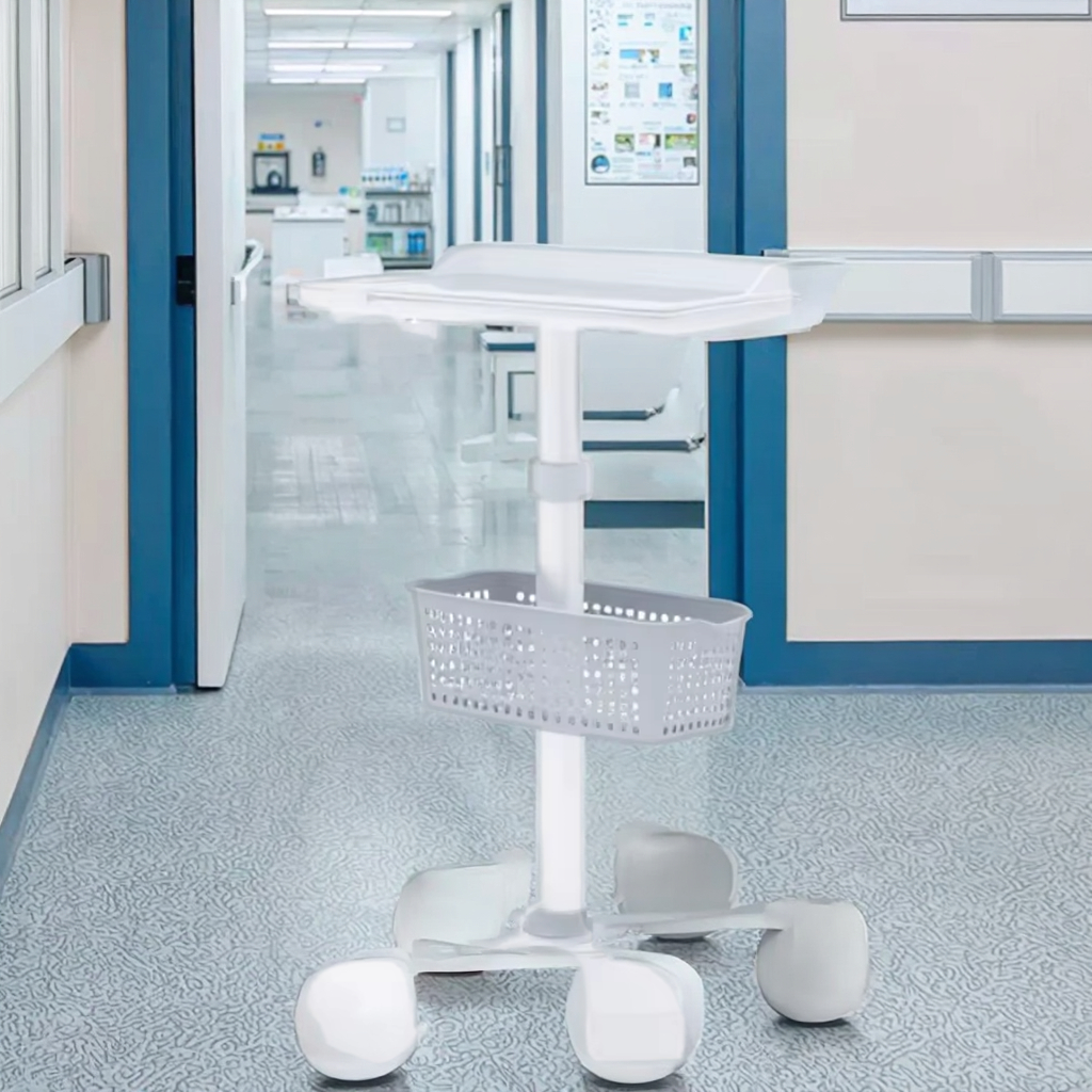Modern Physical Rehabilitation Equipment Cart Ergonomic Armrests Height-Adjustable Platform Swivel Basket for Hospital Dining