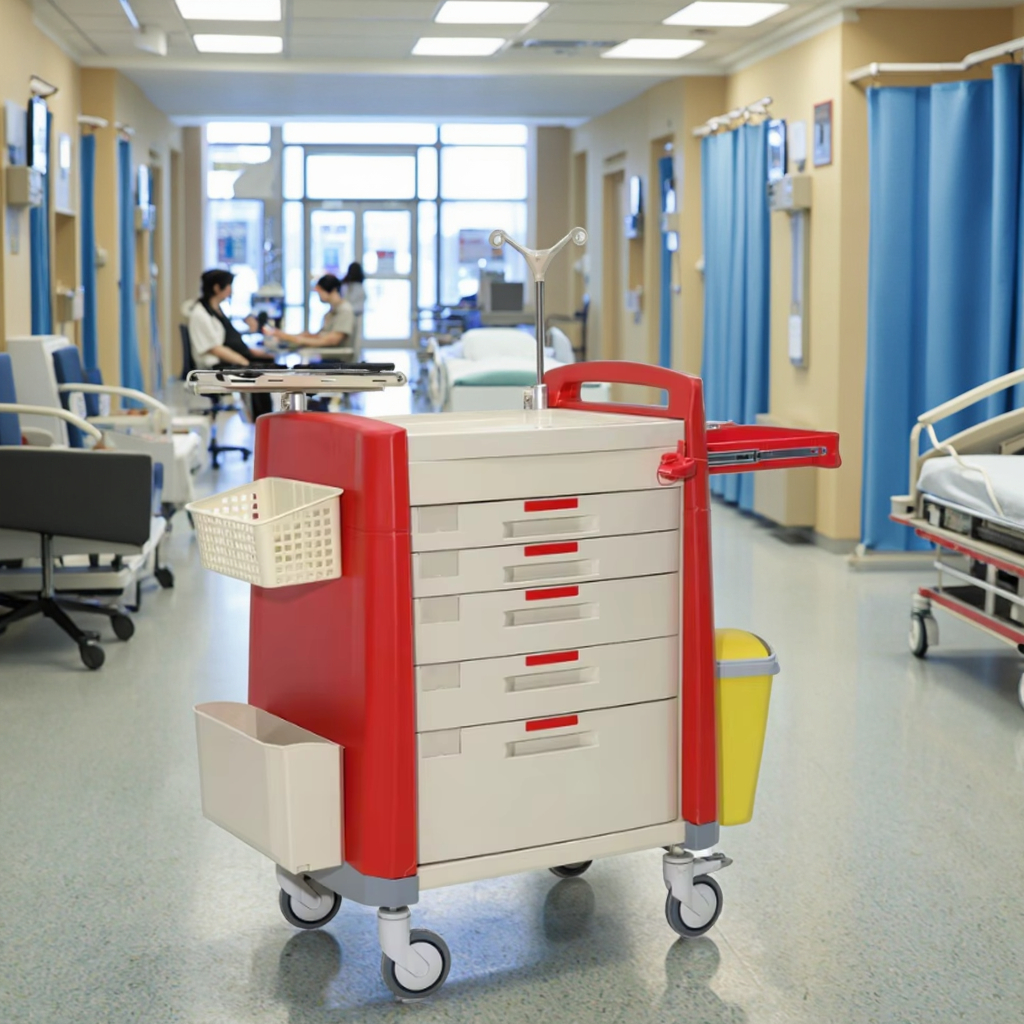 EMS Crash Trolley CPR Board ABS Dual-Waste System Oxygen Holder Hidden Power Outlets 50 Emergency Lock Tags Hospital Hotel