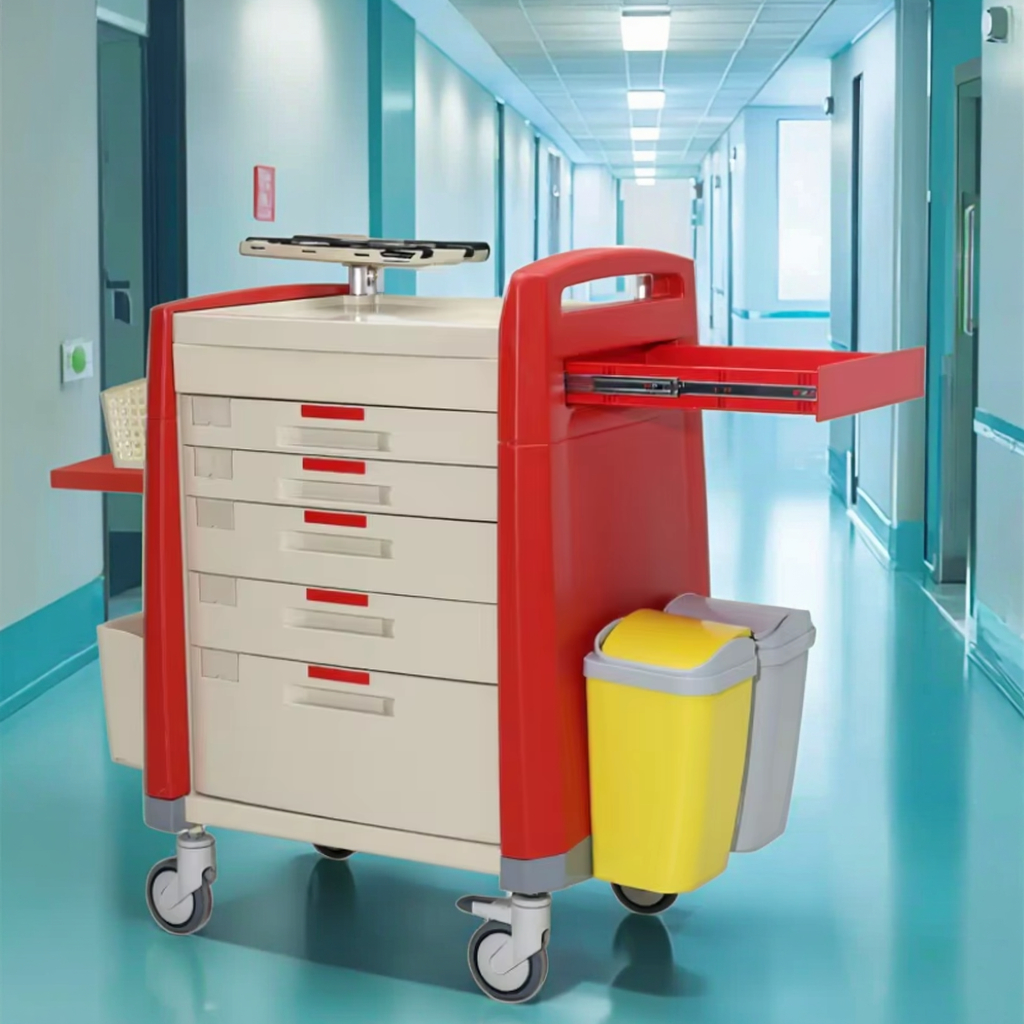 Compact Modern Aviation Medical Cart Hospital Use Secure Drawer Locks Fold-Up Waste Units ABS Material 4 Castors Power Grid