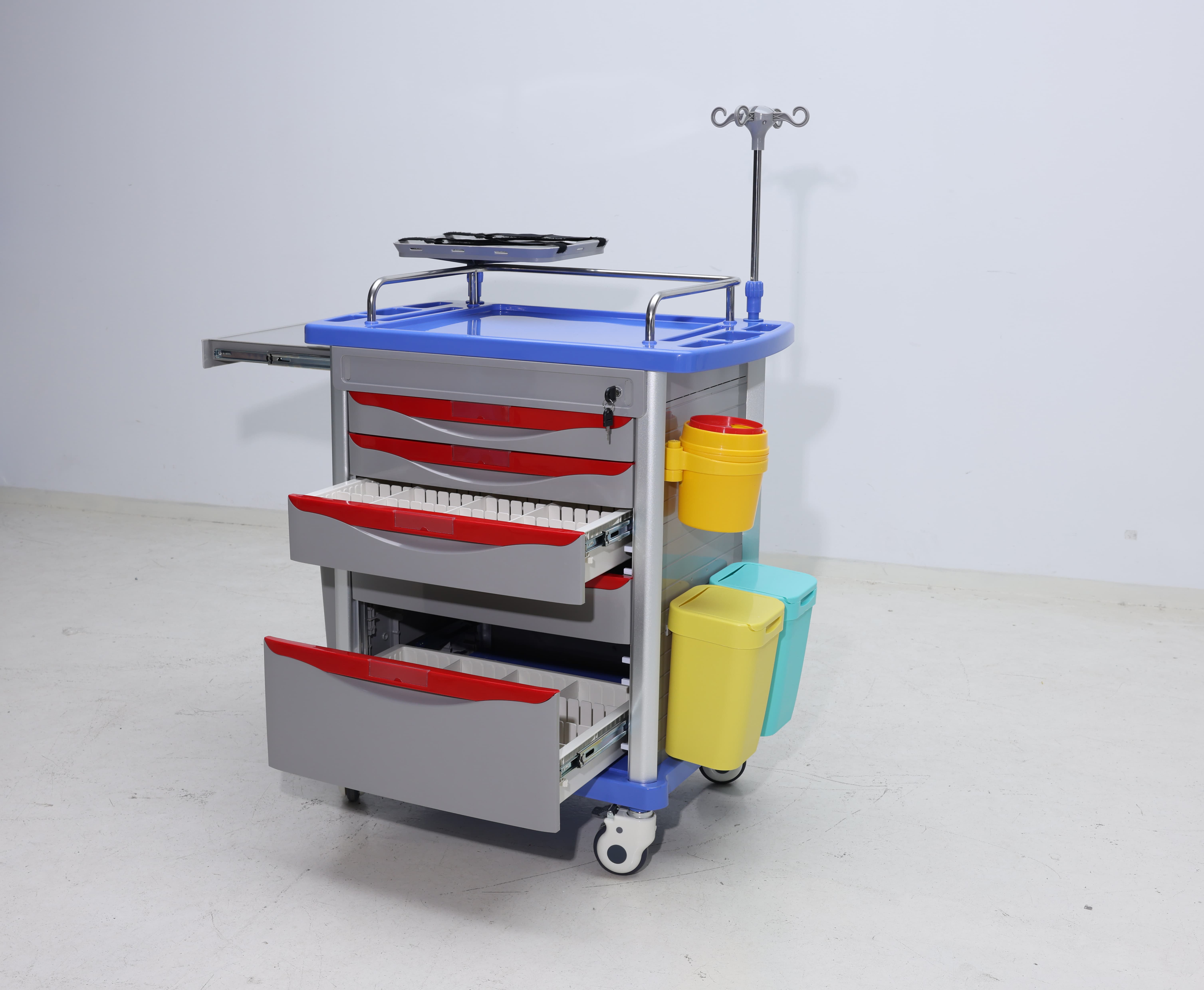 Durable ABS Modern Hospital Medical Trolley Cart Rotating Medical Waste Bin Fold-out Oxygen Holder Multi-tier Medicine Cabinet 4