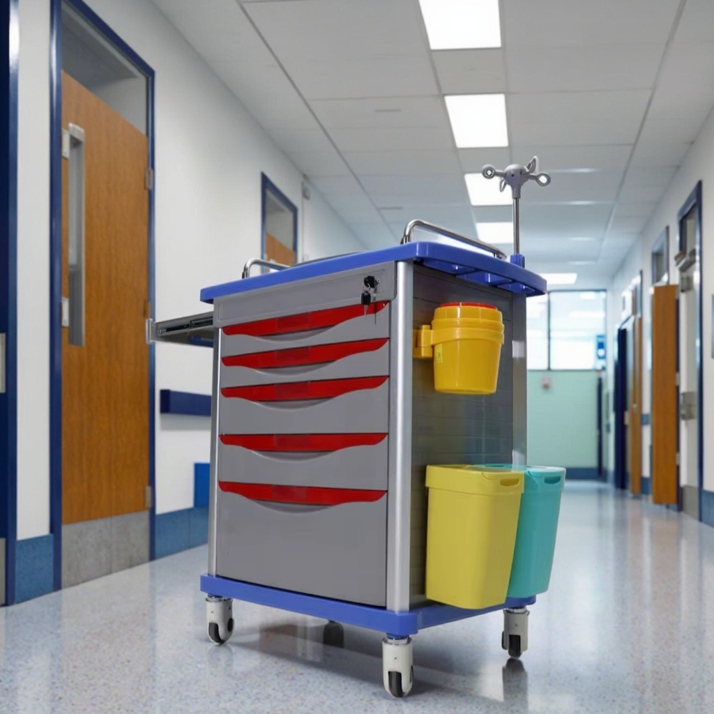 Military-Grade ABS Medical Trolley Cart Hospital Use 4-Wheel Mobile Trauma Station Interchangeable Equipment Mount Vital Sign