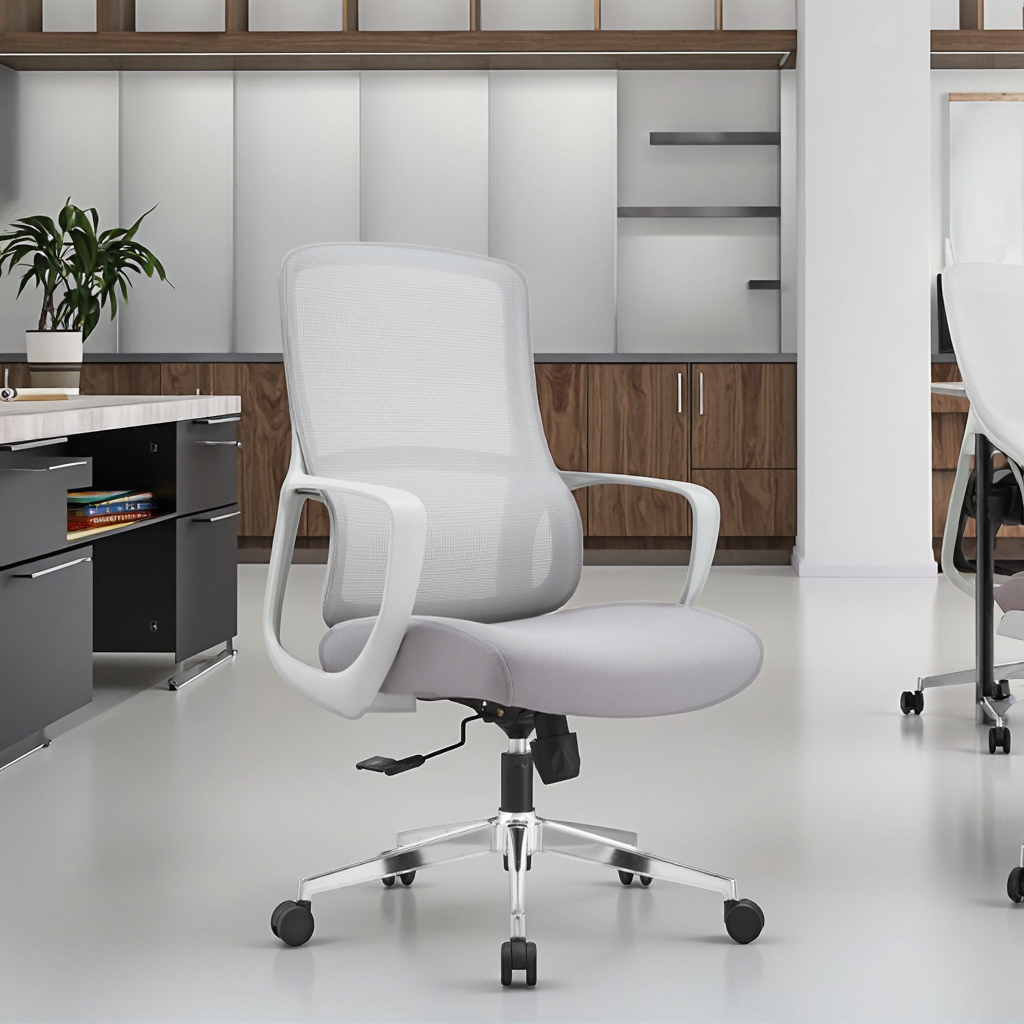 New Arrival JYG-Bell Gray White Rubber Ergonomic Office Chair Reinforced Engineering Plastic Frame Breathable Mesh Back 3D