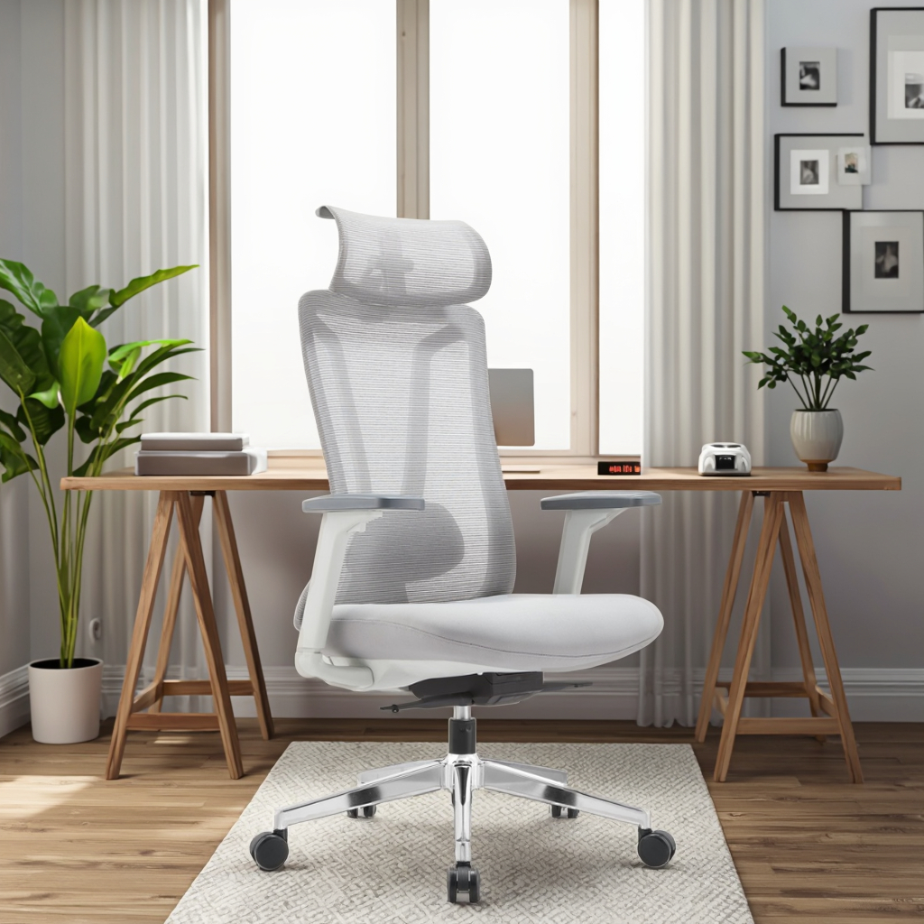 Luxury Grey Ergonomic Chair Advanced Headrest Adjustable 3D PU-Handles Environmentally Certified Office Furniture Premium