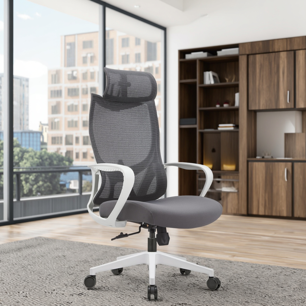 Grey PU Steel Frame High Back Ergonomic Chair S-Curve Support High Resilience Foam Fixed Armrest Adjustable Height for Office
