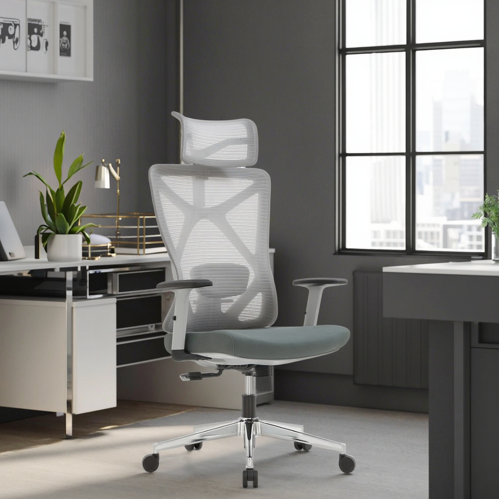 Office Chair with Dual-Layer Mesh Backrest Height Adjustable Lumbar Support PU Armrests High Back Design for Professionals
