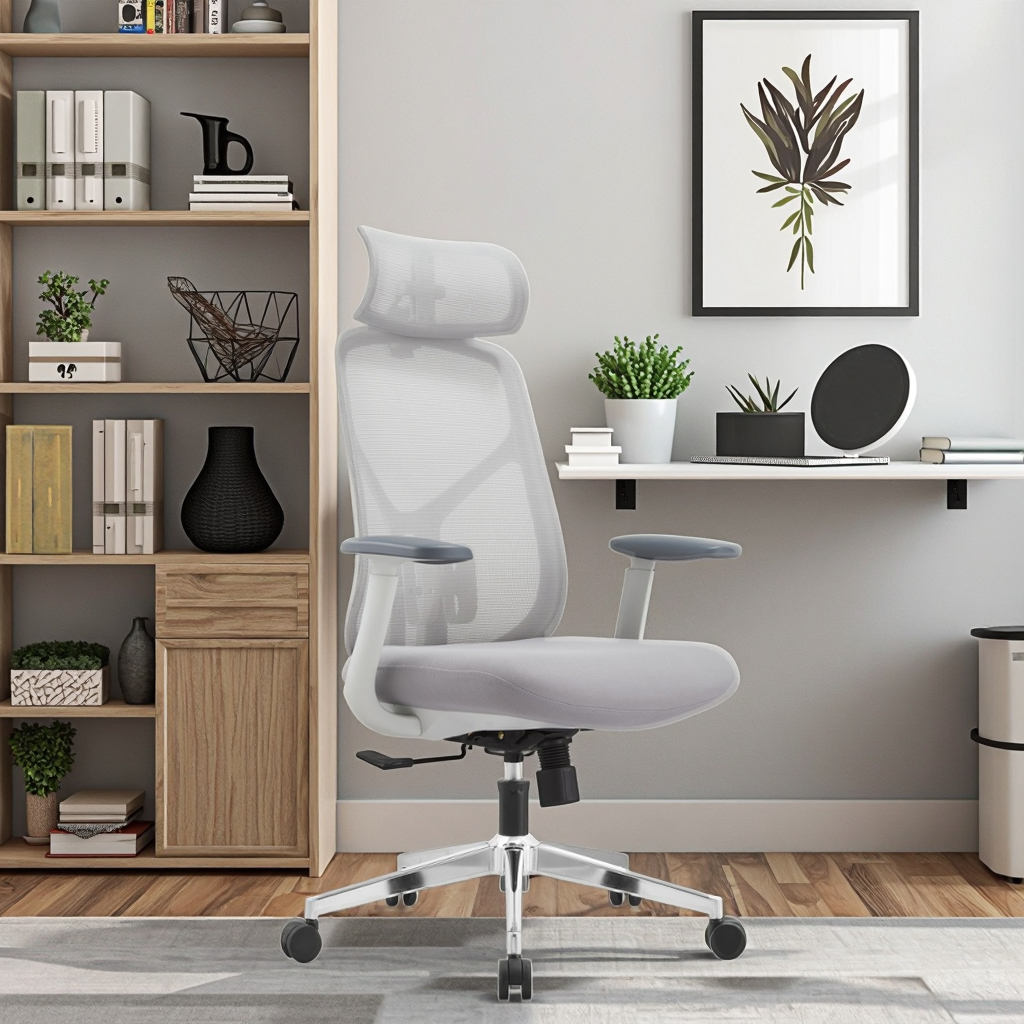 Mickey Premium Modern Office Chair Adjustable Headrest 8cm Lumbar Support PU Armrests Reinforced Metal Base Heavy Duty Rotating