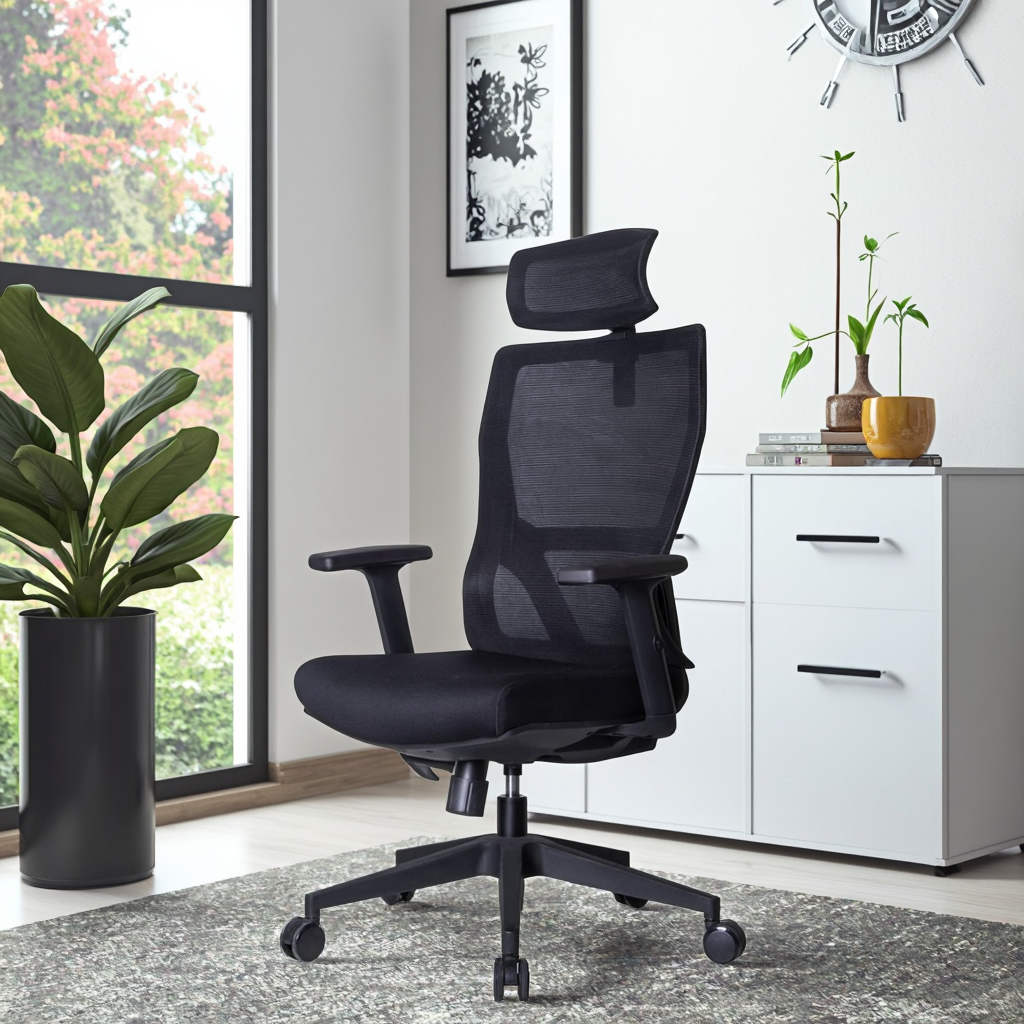 Modern Comfortable Ergonomic Mesh Executive Office Conference Chair Fixed Headrest Height Adjustable Thick Padded Seat 360