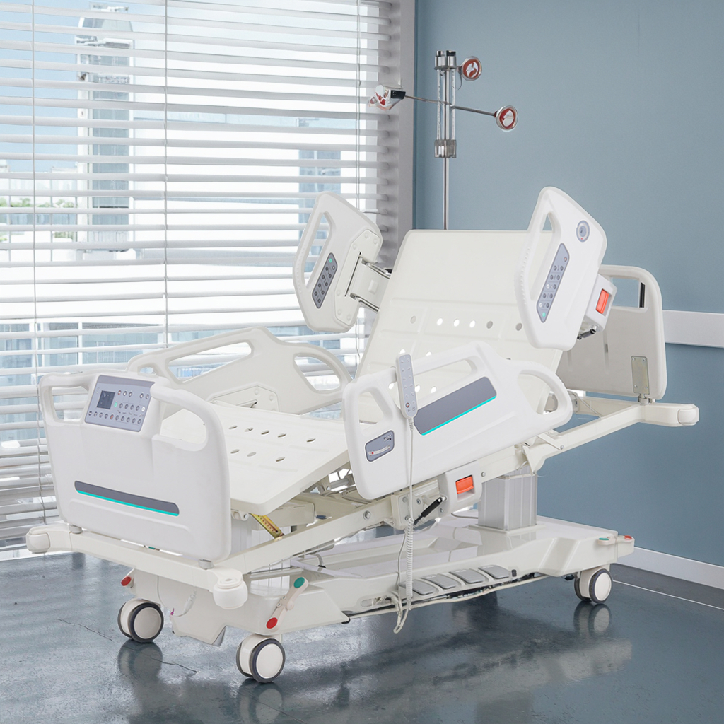 Hospital Electric ICU Bed Side Rails-Five Motor Adjustable Stainless Steel Medical Bed for Critical Care Pressure Relief