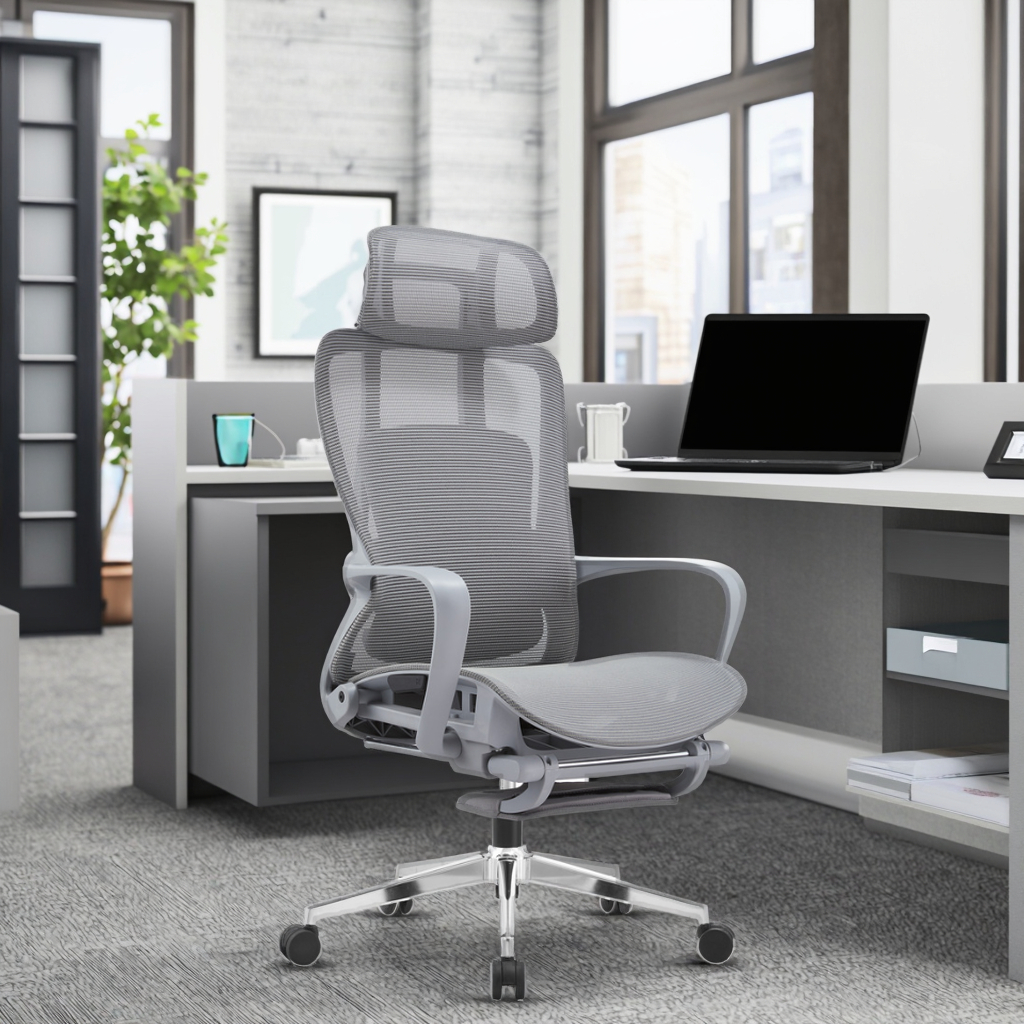 Gray Ergonomic Lift Chair Adjustable PU Modern Design Aluminum Footrest Plastic Legs Enhanced Comfort
