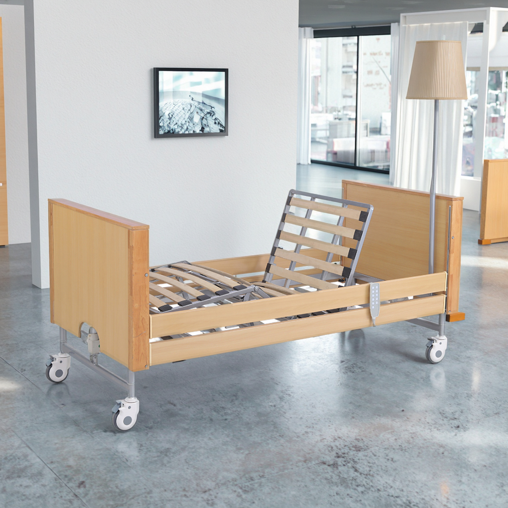 Wood Headboard Three Function Electric Hospital Bed - Iron Rail Adjustable Bed with Training Stand Attachment