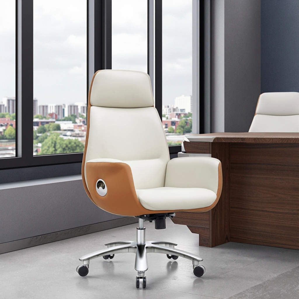 Modern Genuine PU Leather Executive Chair High Elastic Foam Chrome Lift Adjustable Steel Base Office Furniture