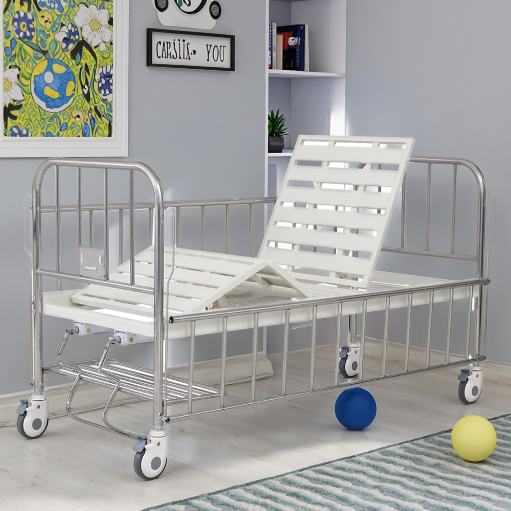 Dual Crank Children Manual Nursing Bed-Modern Stainless Guardrail Pediatric Hospital Furniture for Outdoor Use
