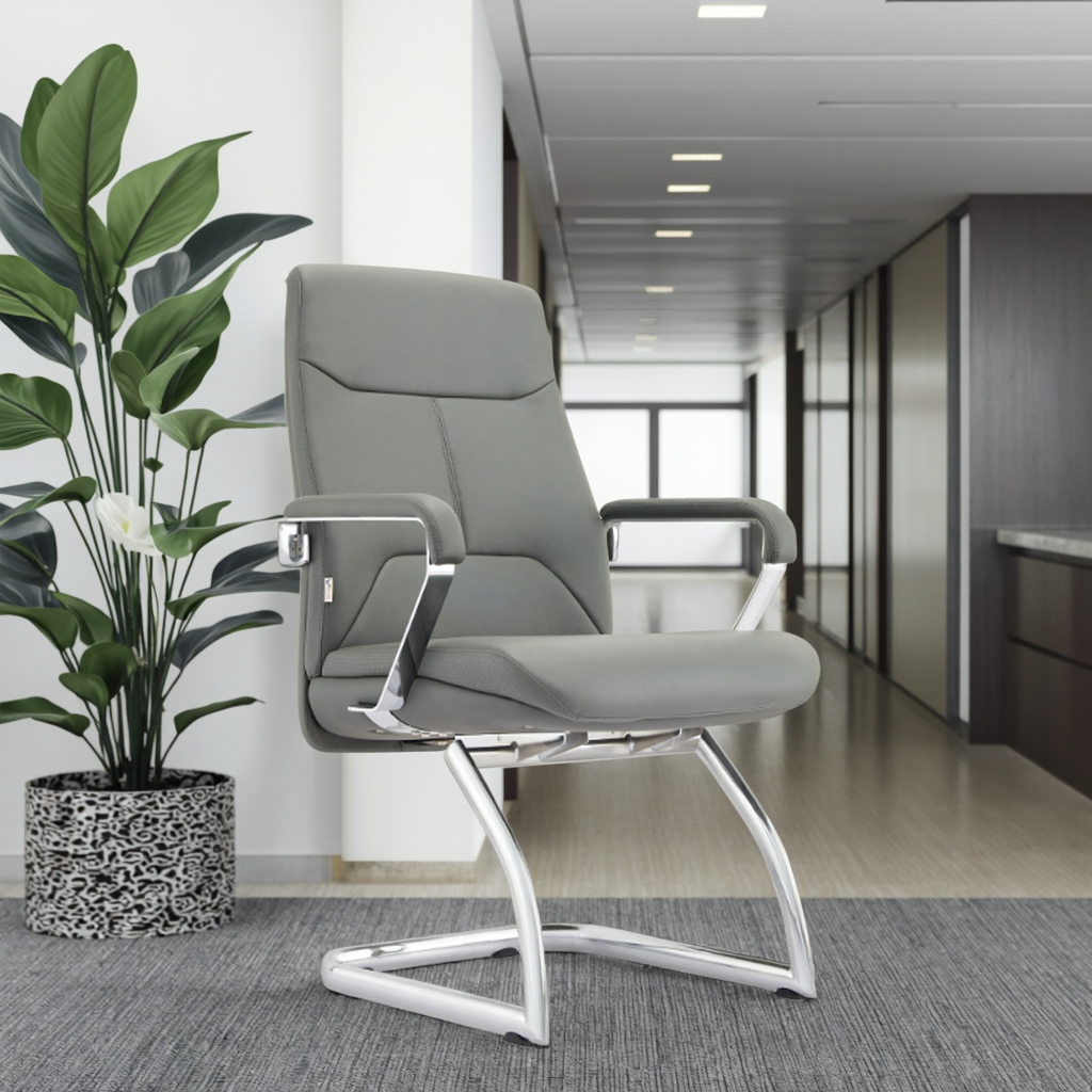 Modern Executive Leather Chrome Frame Desk Chair Fixed Headrest Adjustable Height Swivel Solid Back Aluminium Base Office