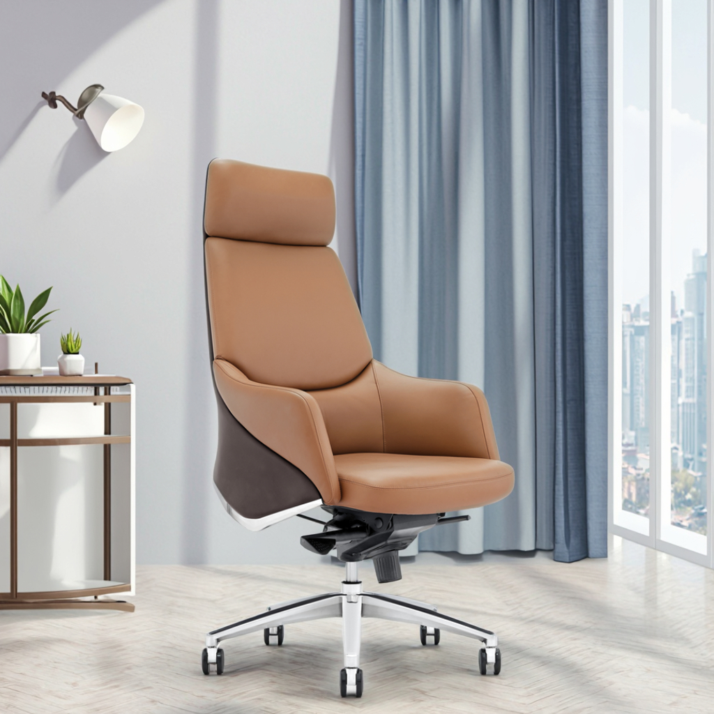 Premium Executive Leather Chair Synchronous Tilt System Frosted Alloy Legs Corporate Status Piece
