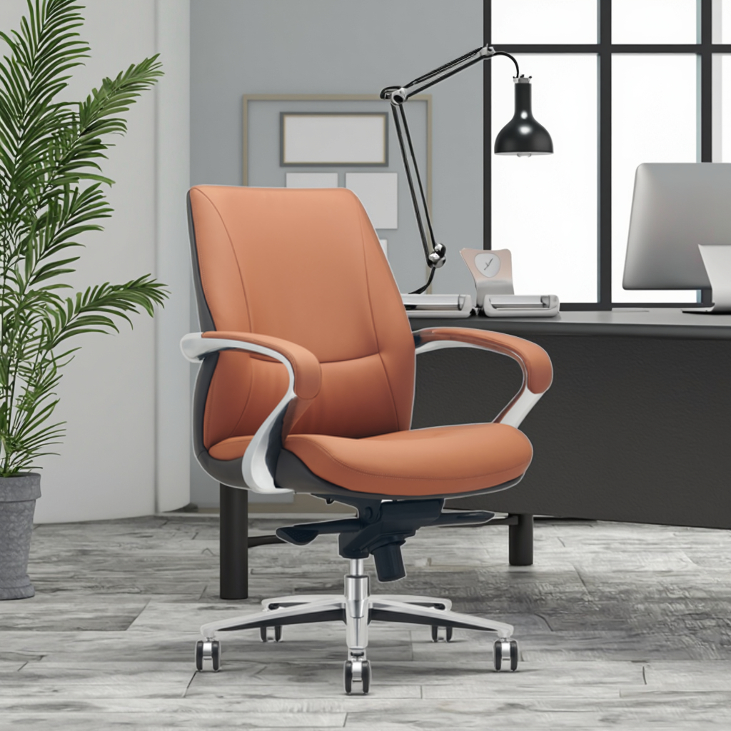 Modern Leather Ergonomic Desk Chair with Adjustable Height and Aluminium Frame for Home Office