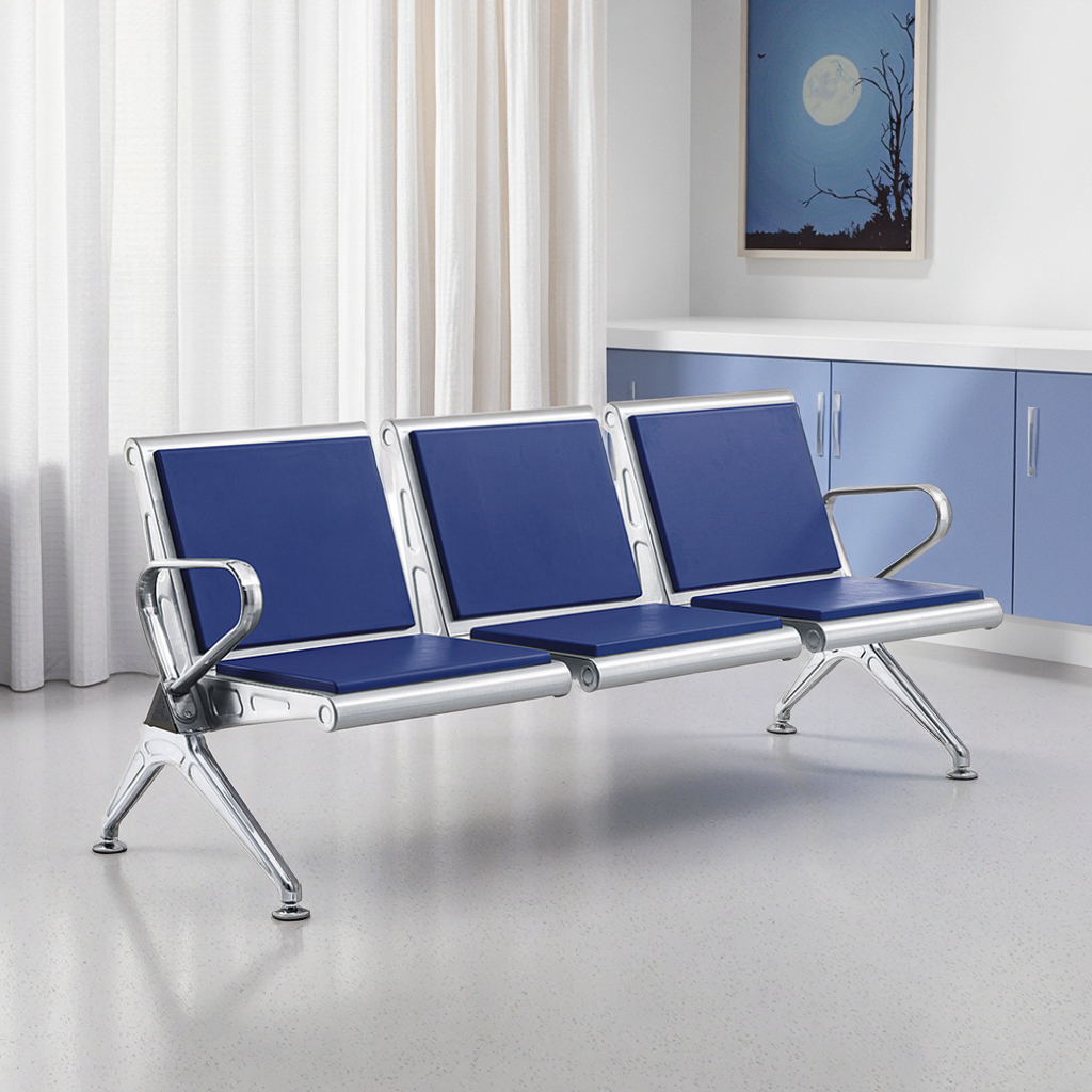 Wholesale Blue Waiting Room Chairs 3 Seats PU Leather Seat Cushion Stainless Steel Waiting Chairs for Airports Hospitals
