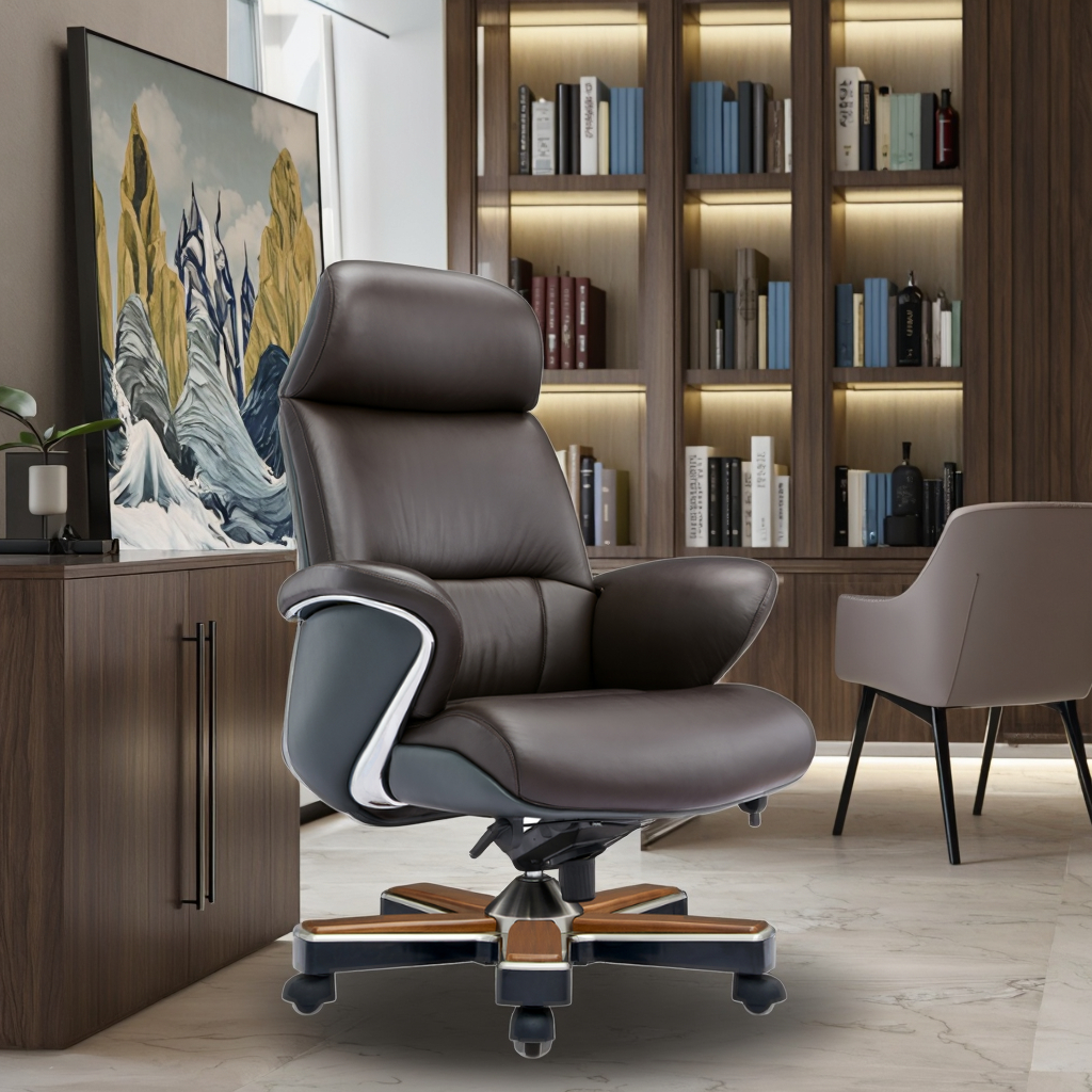 Luxury Modern Leather Executive Chair with Alloy & Wood Hybrid Structure Adjustable Height Nylon Wheels