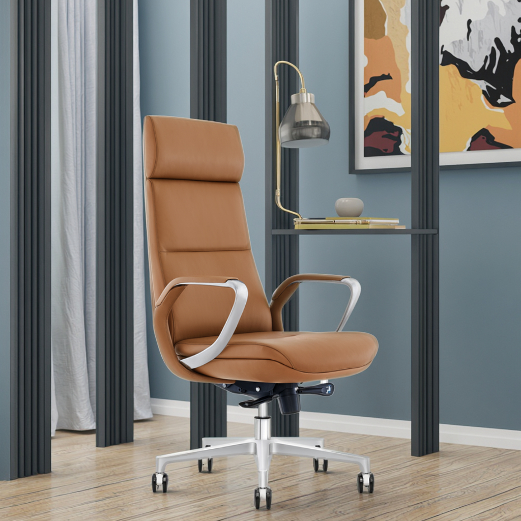 Premium Leather Executive Chair Frosted Aluminum Base Telescopic Gas Lift Corporate Gift