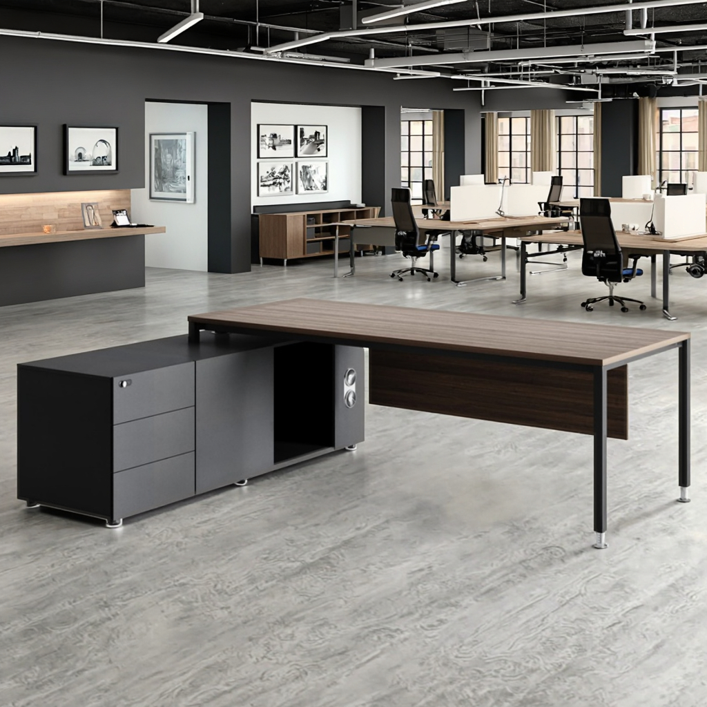 Executive Office Desk with Hydraulic Lift Socket Solid Steel Frame Storage Cabinet & Modern Workstation