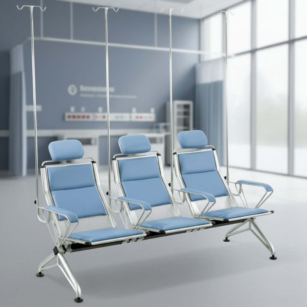 Modern Steel Hospital Waiting Room Three-Person Seating with IV Support Poles Durable & Eco-Friendly Commercial Furniture