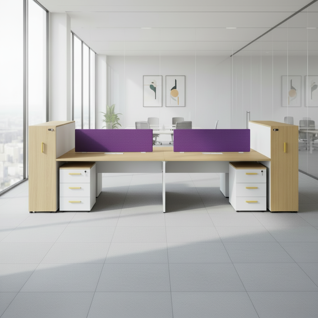 Double Row Executive Workstation System with Six-Person Office Layout and ABS-Connected Storage Cabinets