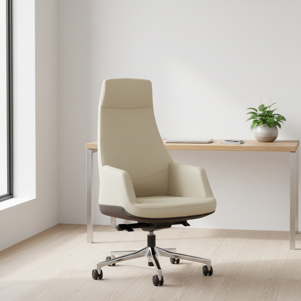 Modern Ergonomic Leather Executive Office Chair with Lumbar Support Adjustable Height and Aluminium Base