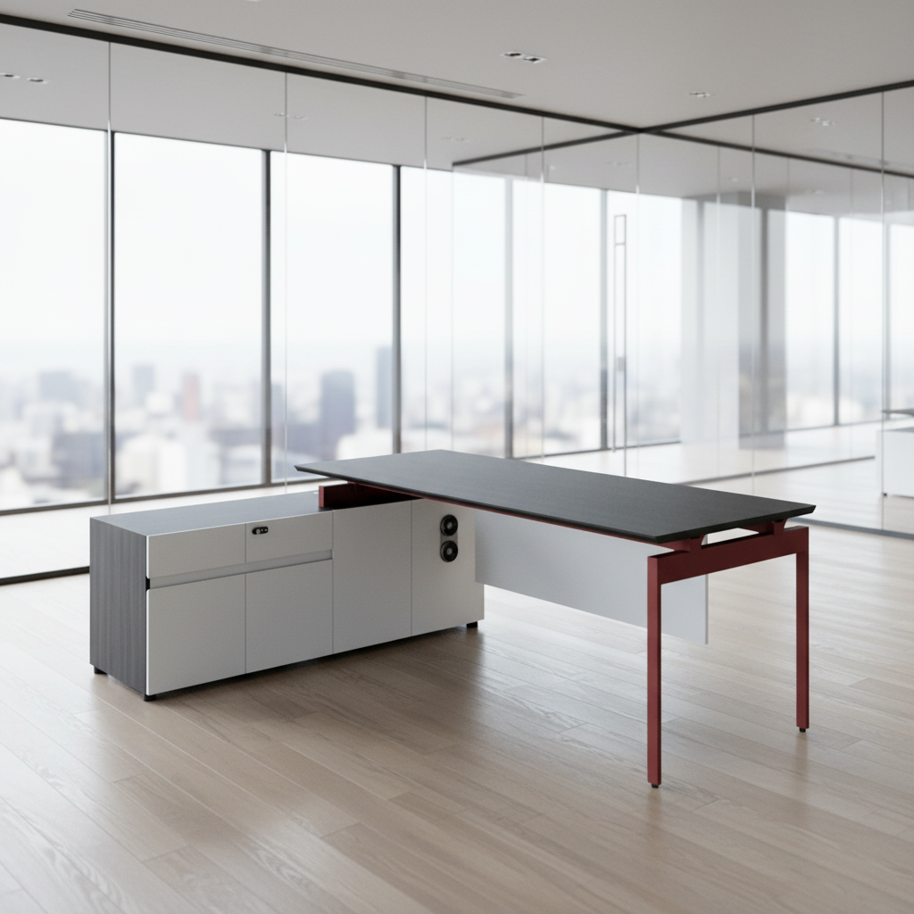Mid-Level Foldable Office Desk Durable Wood Construction Aluminum Frame Cabinet Storage Space Modern Office Desk