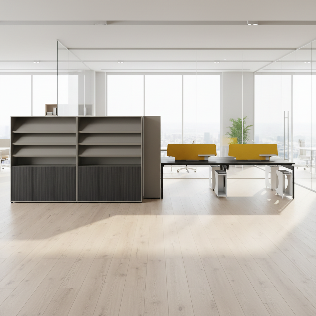 Modern Wood Open Office Desk Steel Frame Angled Cabinet Setup Professional Workspace Ergonomic Features Business Desk Desk